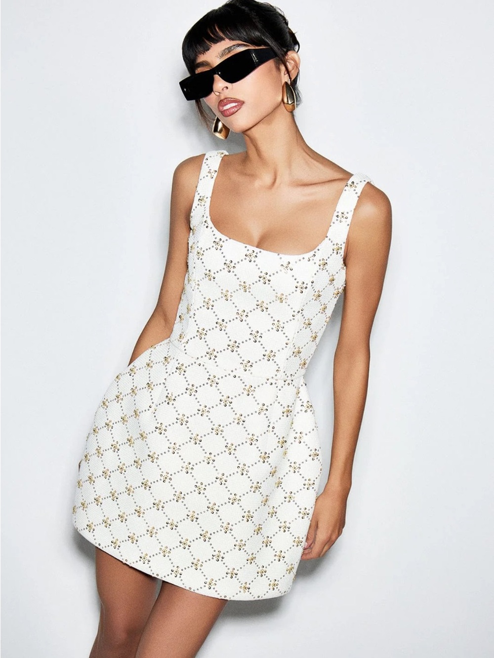 NADINE MERABI White Mini Dress with Gold Stud Latticework